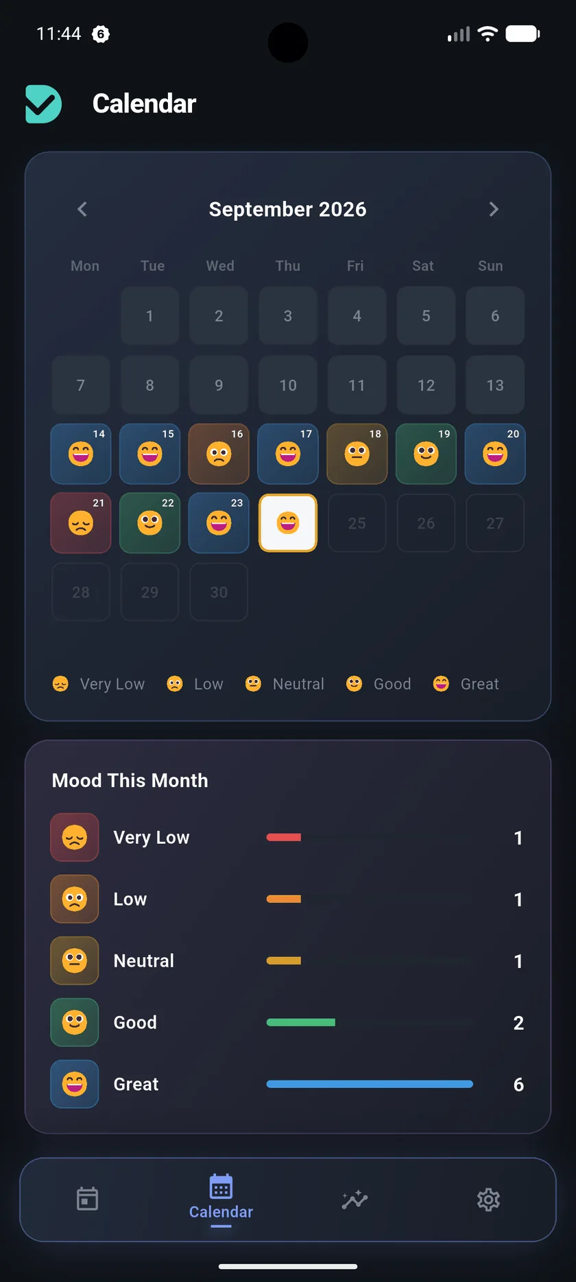 Diril calendar screen: monthly mood calendar